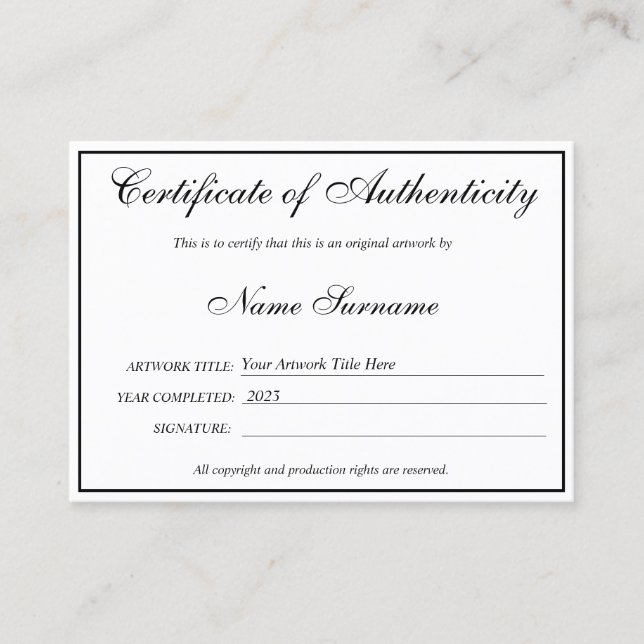 Certificate of Authenticity Artwork by Add Logo (Front)