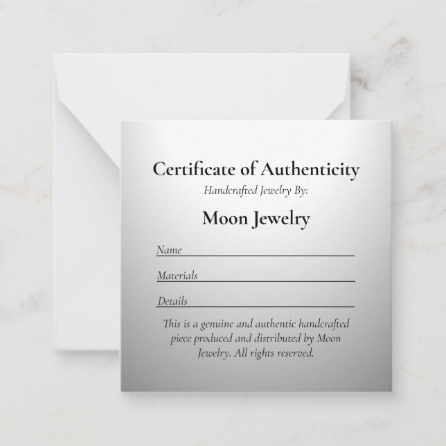 Certificate of Authenticity for Jewelry Silver Note Card (Front)