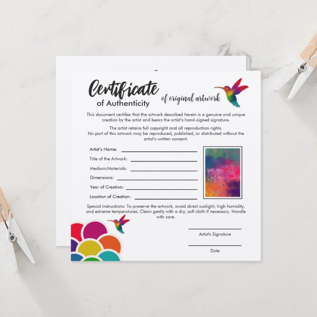 Certificate of Authenticity for Original Artwork Card | Zazzle