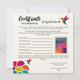 Certificate of Authenticity for Original Artwork Card