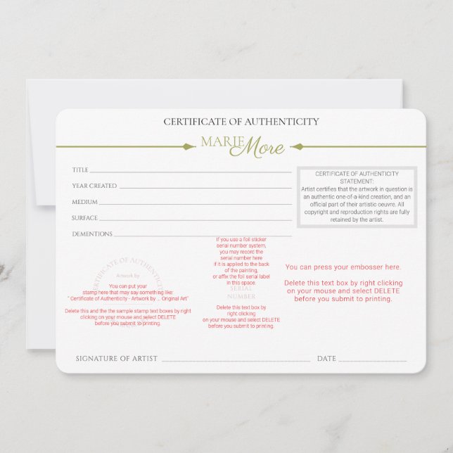 Certificate of Authenticity  Invitation (Front)