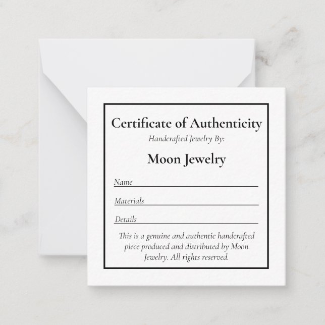 Certificate of Authenticity Jewelry Template  (Front)