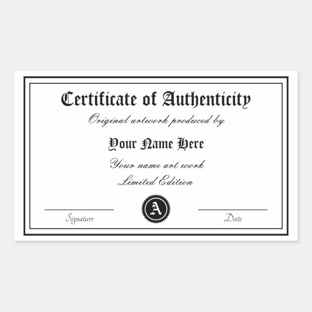 Certificate of authenticity template genuine art rectangular sticker (Front)