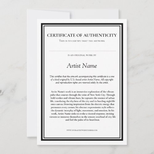 Certificate of Authenticity with Artist Statement Thank You Card