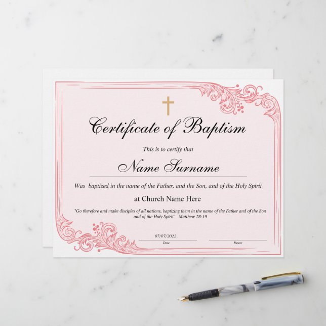 Certificate of Baptism, Baby Dedication (Front/Back In Situ)