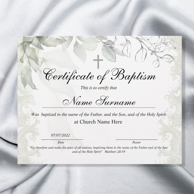 Certificate of Baptism, Baby Dedication (baptism certificate sage green with watercolor floral)