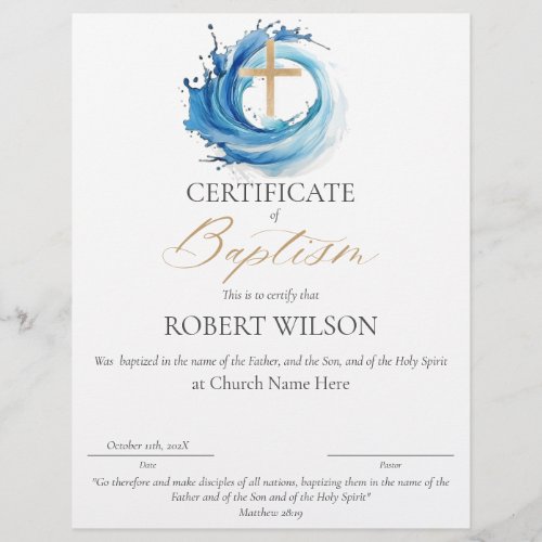 Certificate of Baptism Water Christening
