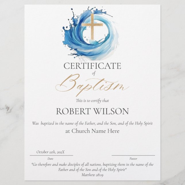Certificate of Baptism, Water Christening (Front)