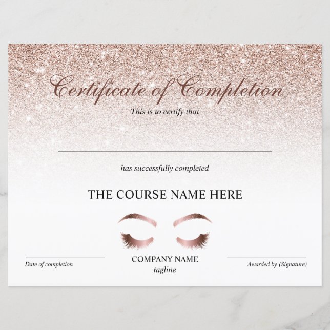 Certificate of Completion Award Brows Lash Course (Front)