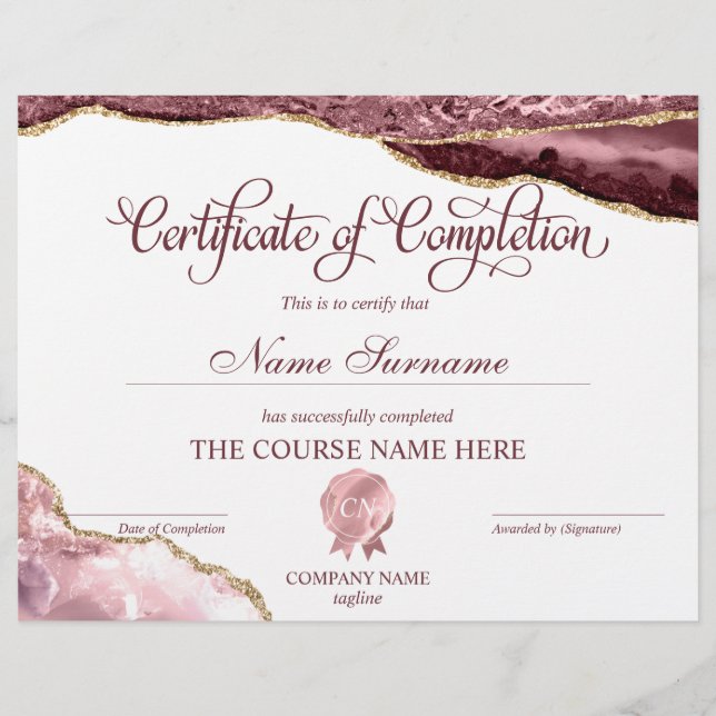 Certificate of Completion Award Course Completion (Front)