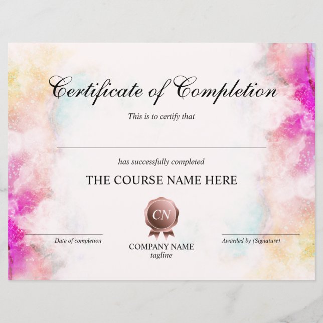 Certificate of Completion Award Course Completion (Front)