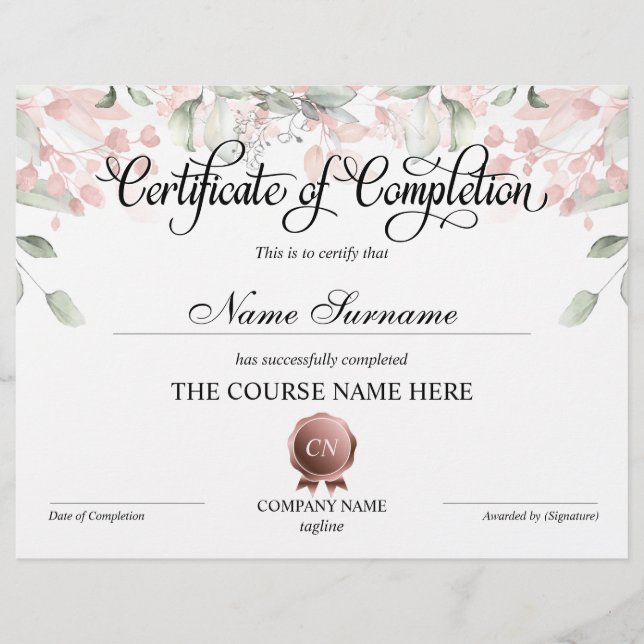 Certificate of Completion Award Course Completion (Front)