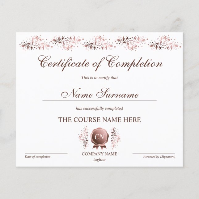 Certificate of Completion Award Course Completion (Front)