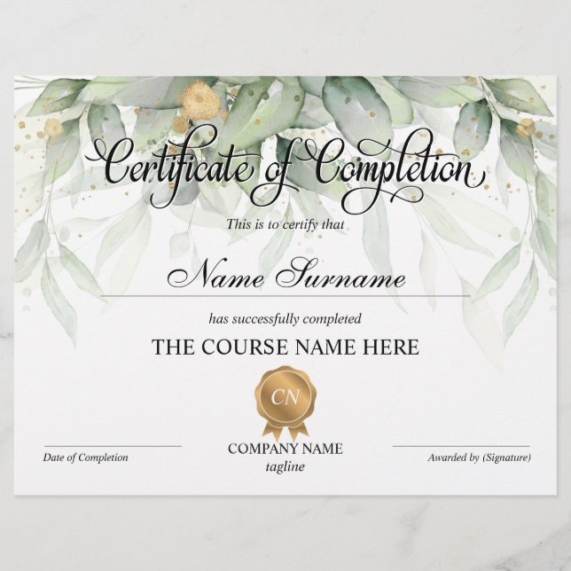 Certificate of Completion Award Course Completion (Front)