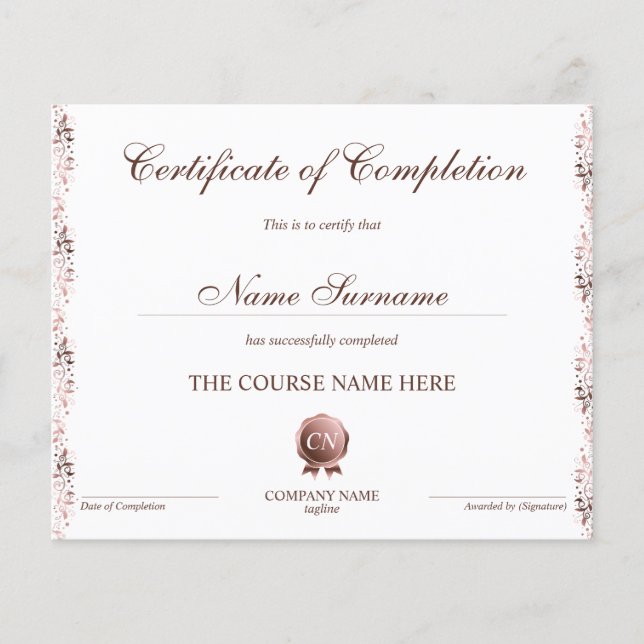 Certificate of Completion Award Course Completion (Front)