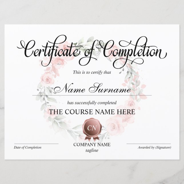 Certificate of Completion Award Course Completion (Front)