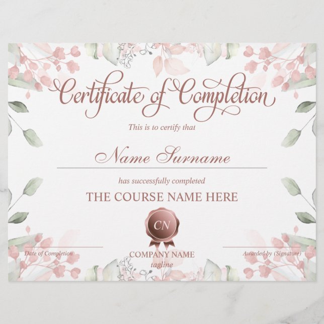 Certificate of Completion Award Course Completion (Front)