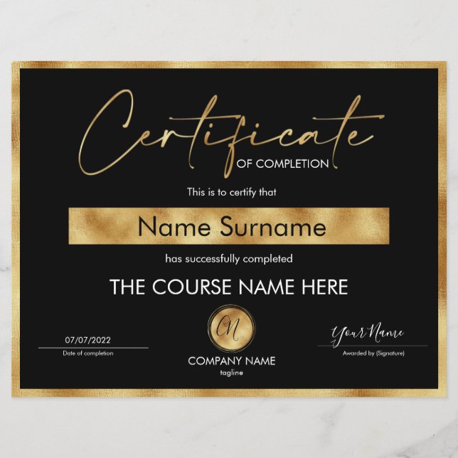 Certificate of Completion Award Course Completion  (Front)