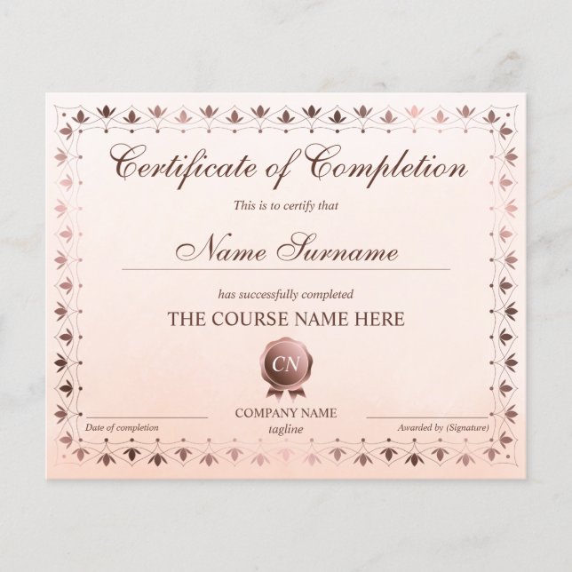 Certificate of Completion Award Course Completion (Front)