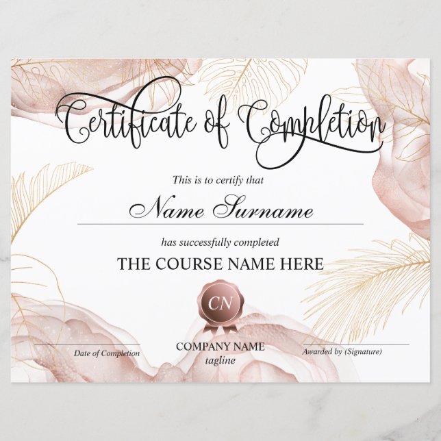 Certificate of Completion Award Course Completion (Front)