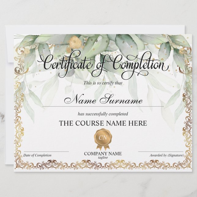 Certificate of Completion Award Course Completion (Front)