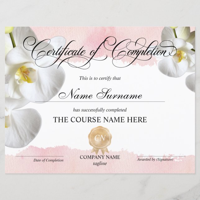 Certificate of Completion Award Course Completion (Front)