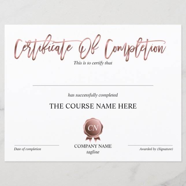 Certificate of Completion Award Course Completion (Front)