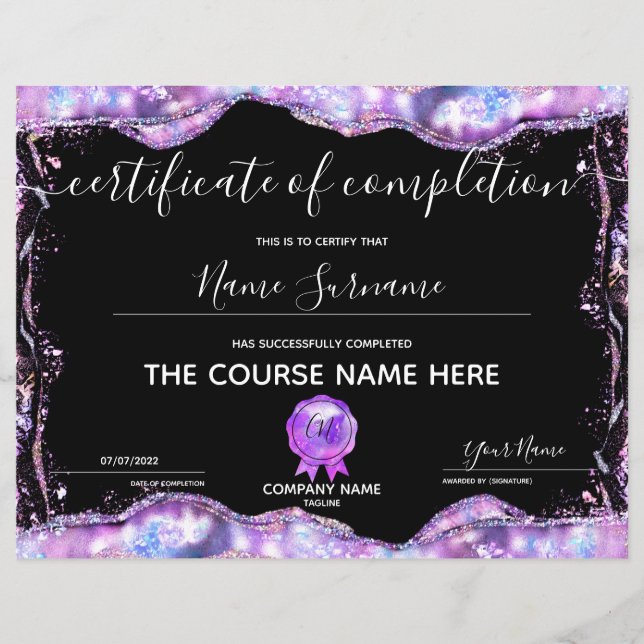 Certificate of Completion Award Course Completion  (Front)