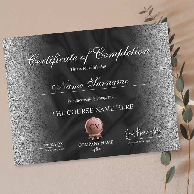 Certificate of Completion Award Course Completion (certificate of completion with black silk background and silver glitter on the edges)