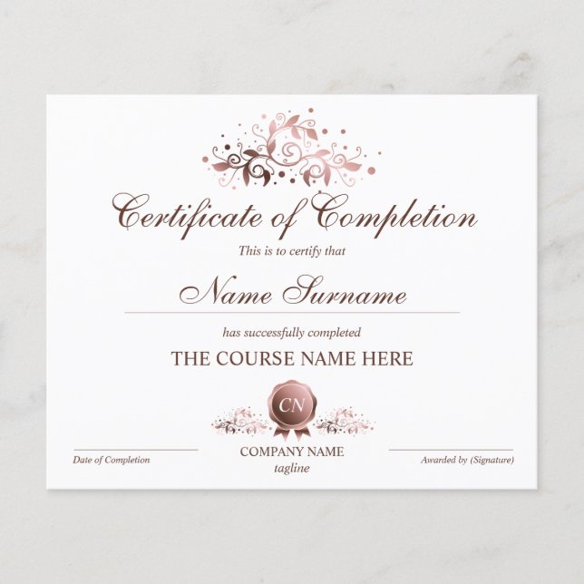 Certificate of Completion Award Course Completion (Front)