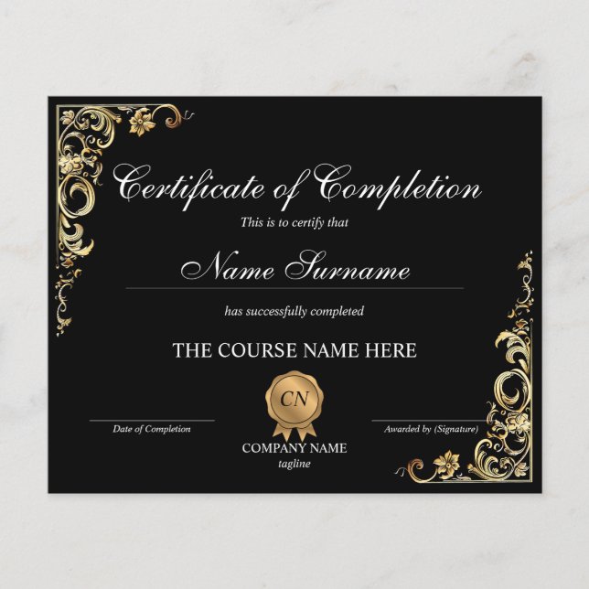 Certificate of Completion Award Course Completion (Front)