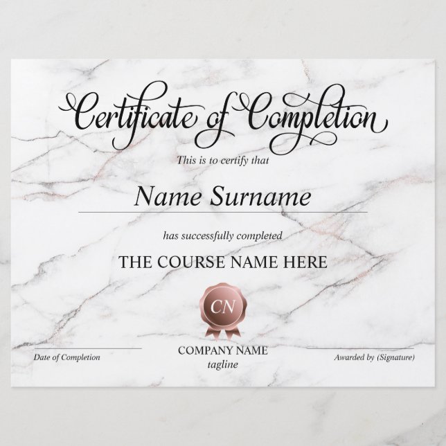 Certificate of Completion Award Course Completion (Front)