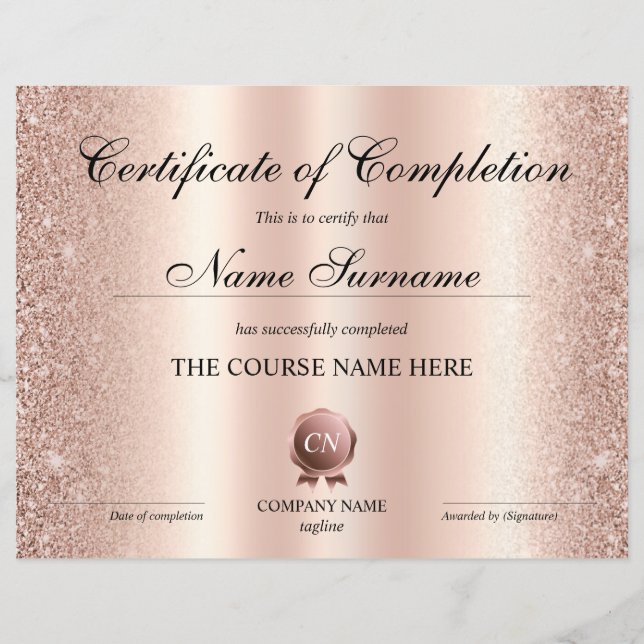 Certificate of Completion Award Course Completion (Front)