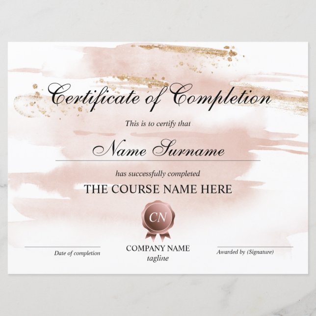 Certificate of Completion Award Course Completion (Front)