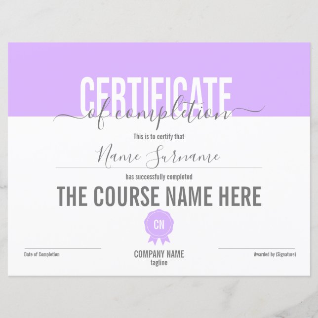 Certificate of Completion Award Course Completion (Front)