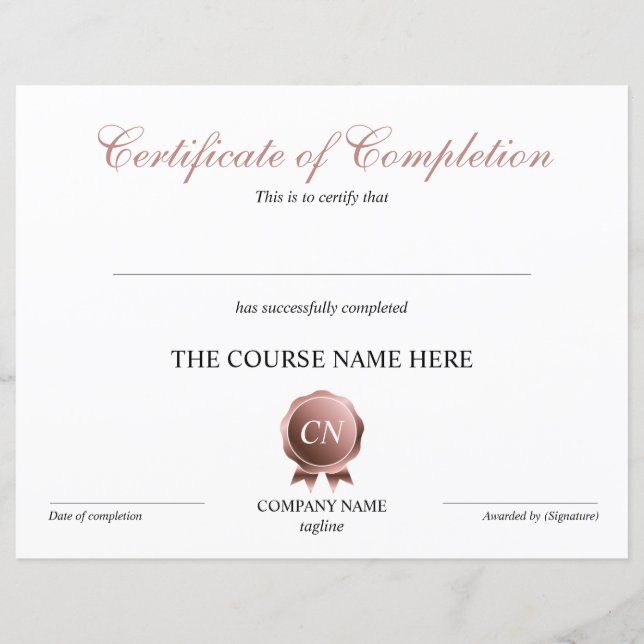 Certificate of Completion Award Course Completion (Front)