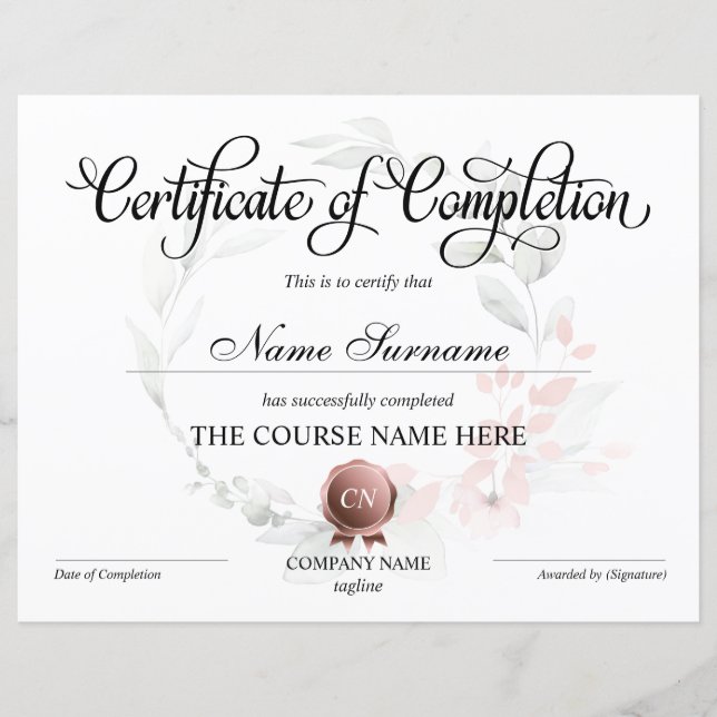 Certificate of Completion Award Course Completion (Front)