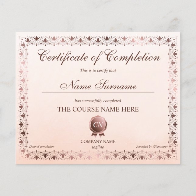 Certificate of Completion Award Course Completion (Front)