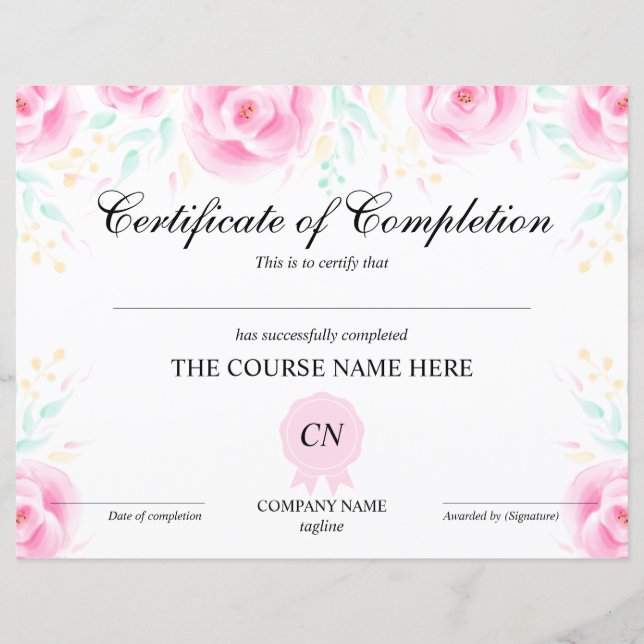 Certificate of Completion Award Course Floral (Front)