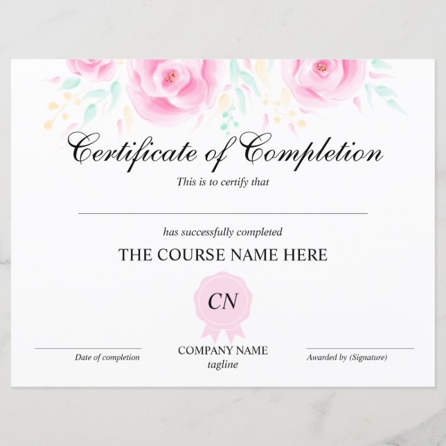 Certificate of Completion Award Course Floral (Front)