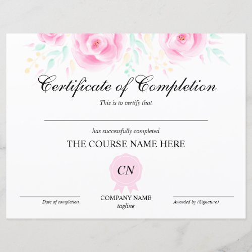 Certificate of Completion Award Course Floral