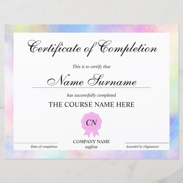 Certificate of Completion Award Course Unicorn (Front)