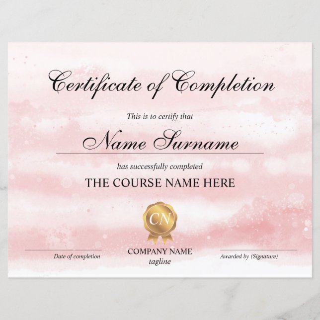 Certificate of Completion Award Course watercolor (Front)