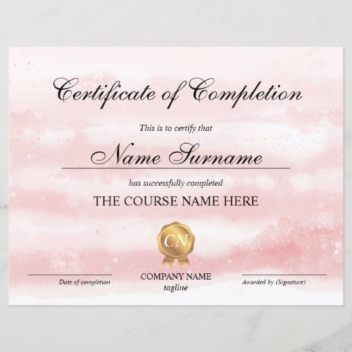 Certificate of Completion Award Course watercolor