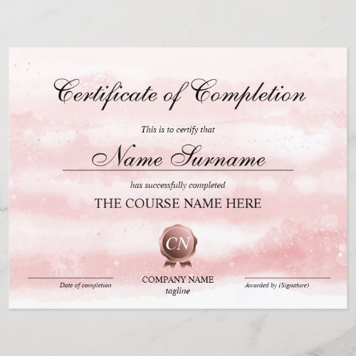 Certificate of Completion Award Course watercolor
