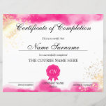 Certificate of Completion Award Course watercolor<br><div class="desc">Makeup artist Wink Eye Beauty Salon Lash Extension Course Completion with watercolor pink and gold background</div>