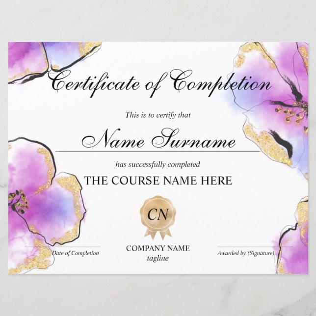 Certificate of Completion Award Course watercolor (Front)
