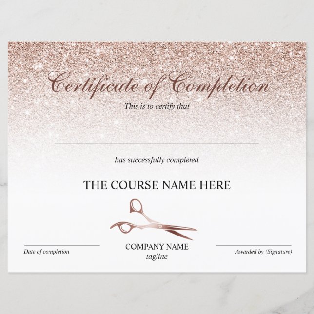 Certificate of Completion Award Hair Stylist (Front)