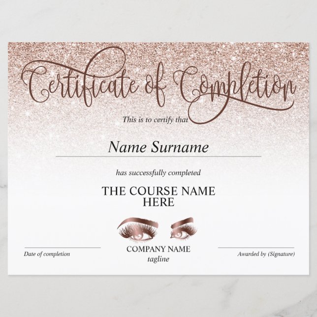 Certificate of Completion Award lashes Course (Front)