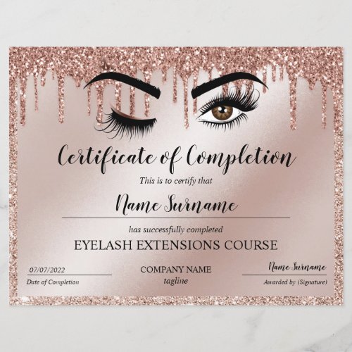 Certificate of Completion Award lashes Course